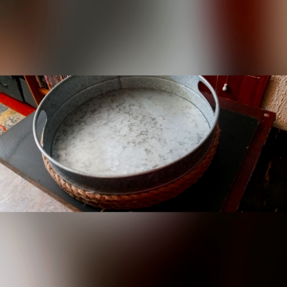 Galvanized Metal Serving Tray with Rope Accent - Rustic Gray